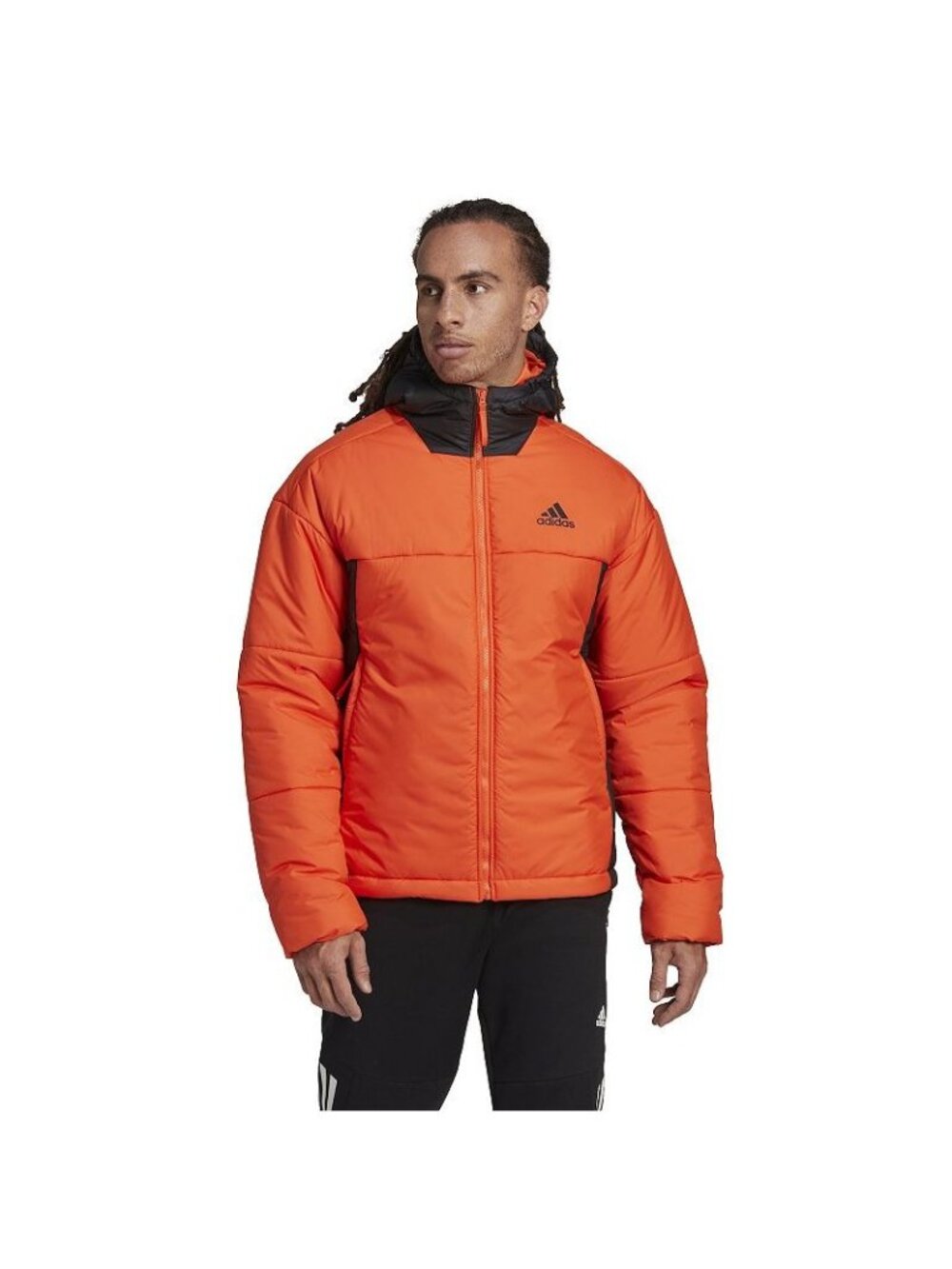 Adidas Men's Outdoor BSC 3-Stripes Puffy Hooded Jacket Orange Black Size Small